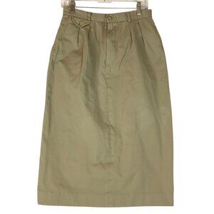 Vintage Ralph Lauren Khaki Cotton Midi Skirt Size 12 Pockets Pleated Front